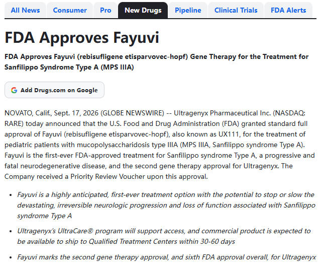 FDA批准Fayuvi（rebisufligene etisparvovec-hopf）， 首款针对 MPS‑IIIA 的基因疗法详解